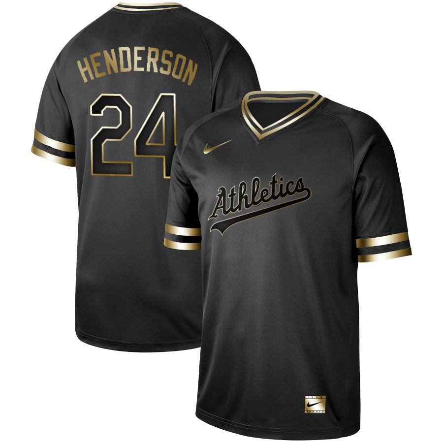 Men Oakland Athletics 24 Henderson Nike Black Gold MLB Jerseys